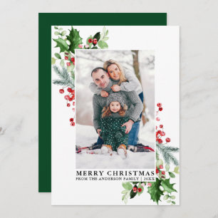 Watercolor Holly Greenery Family Green Photo Holiday Card