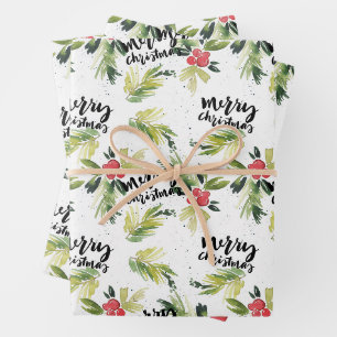Watercolor Holly Greenery Pattern Merry Christmas Wrapping Paper Sheet