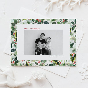 Watercolor Holly Greenery Pattern Photo Christmas Holiday Postcard