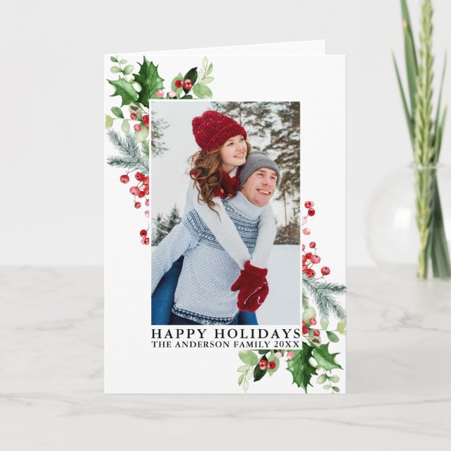 Watercolor Holly Greenery Photo Folded Holiday Card (Front)