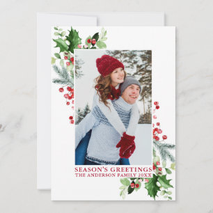 Watercolor Holly Greenery Season's Greetings Red Holiday Card