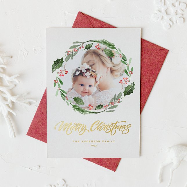Watercolor Holly Greenery Wreath Photo Christmas Foil Holiday Postcard (Customizable photo Christmas card featuring watercolor holly wreath and circle photo layout.)