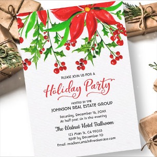 Watercolor Holly Holiday Party Invitation