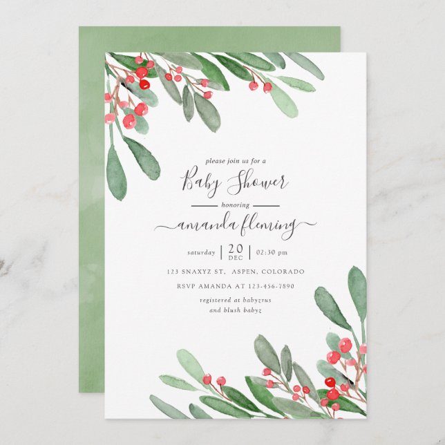 Watercolor Holly Jolly Christmas Baby Shower Invitation (Front/Back)