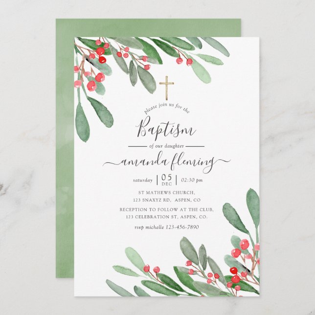 Watercolor Holly Jolly Christmas Baptism Invitation (Front/Back)