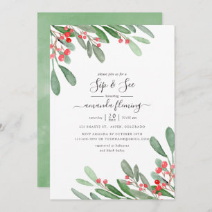 Watercolor Holly Jolly Christmas Sip and See Invitation