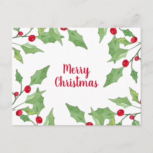 Watercolor Holly Leaf Wreath Postcard (Front)