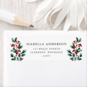 Watercolor Holly Leaves and Berries Christmas Return Address Label