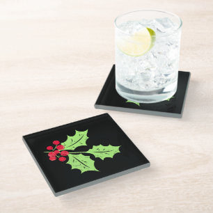 Watercolor Holly Leaves and Berries Glass Coaster