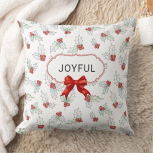 Watercolor Holly Leaves and Red Berries Custom Cushion