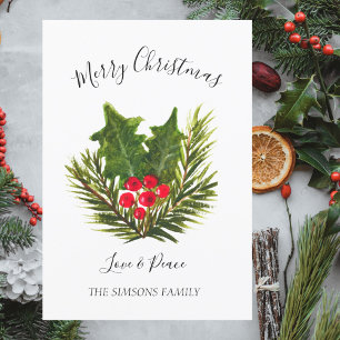 Watercolor Holly Merry and Bright Christmas Tree  Holiday Card