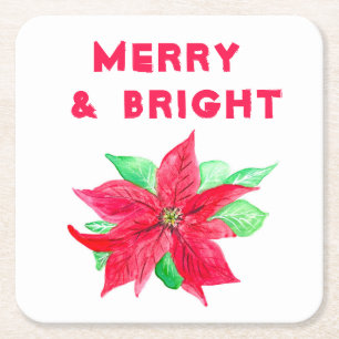 Watercolor Holly Merry and Bright Square Paper Coaster