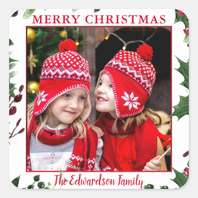 Watercolor Holly Merry Christmas family photo Square Sticker (Front)