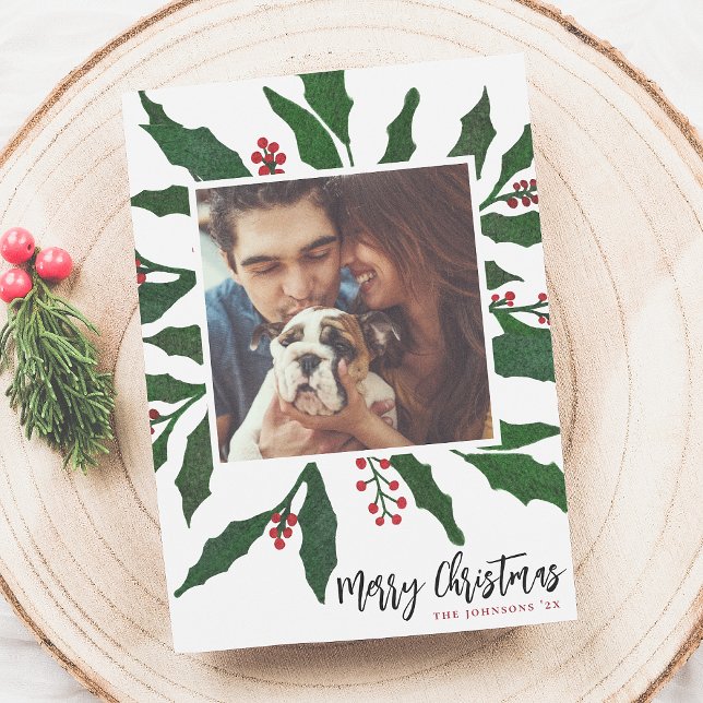 Watercolor Holly & Merry Christmas Holiday Photo (Creator Uploaded)