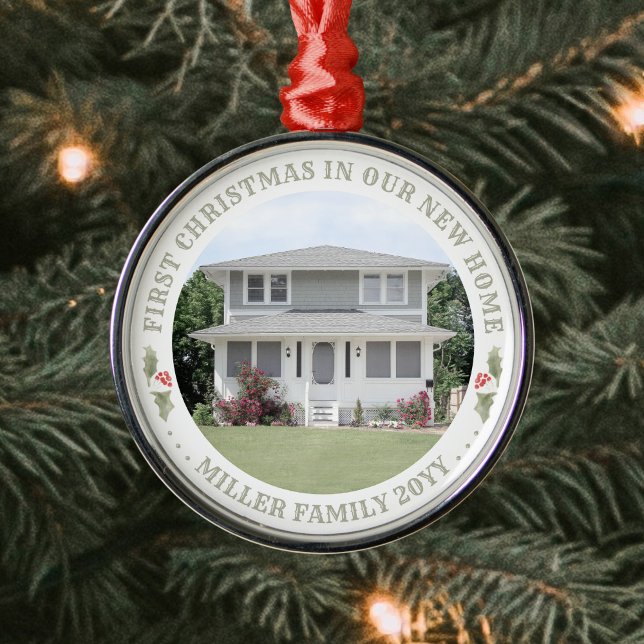 Watercolor Holly New Home First Xmas House Photo Metal Ornament (Creator Uploaded)