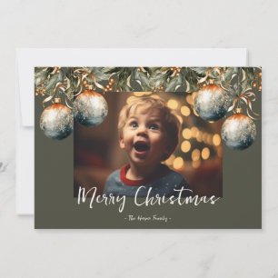 Watercolor Holly Ornament Photo Holiday Card