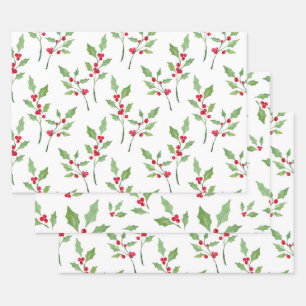 Watercolor Holly Patterns Wrapping Paper Sheet