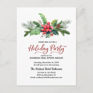 Watercolor Holly Pine & Berry   Holiday Postcard