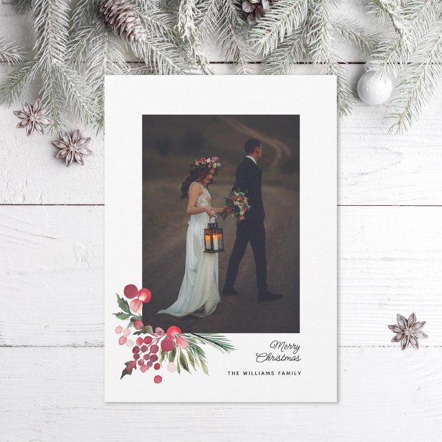 Watercolor Holly Pine Elegant Christmas Photo Holiday Card (Creator Uploaded)