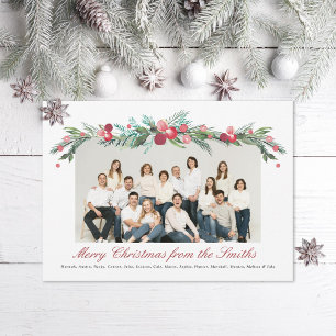 Watercolor Holly Pine Elegant Large Family Photo Holiday Card
