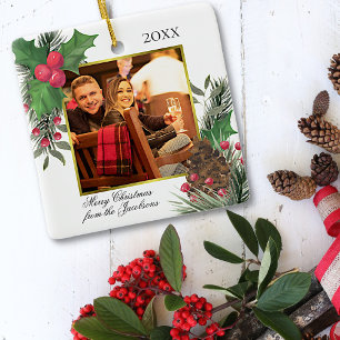 Watercolor Holly & Pine Gold Photo Frame Festive Ceramic Ornament