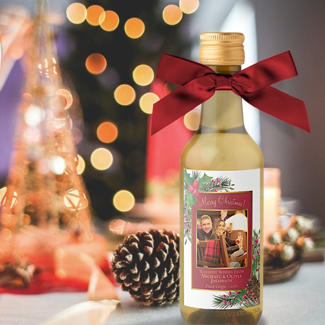 Watercolor Holly & Pine Merry Christmas Photo Mini Wine Label (In Situ with Bow)