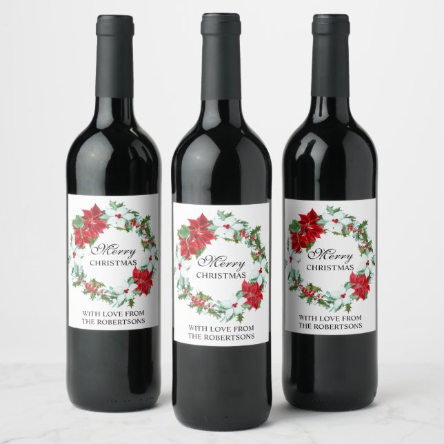 Watercolor Holly | Poinsettia Christmas Wreath Wine Label (Bottles)