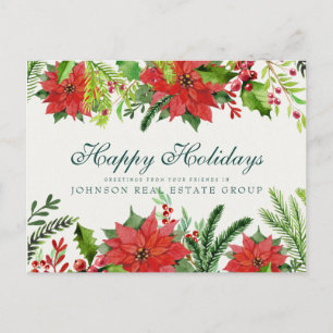 Watercolor Holly & Poinsettia   Holiday Greetings Postcard