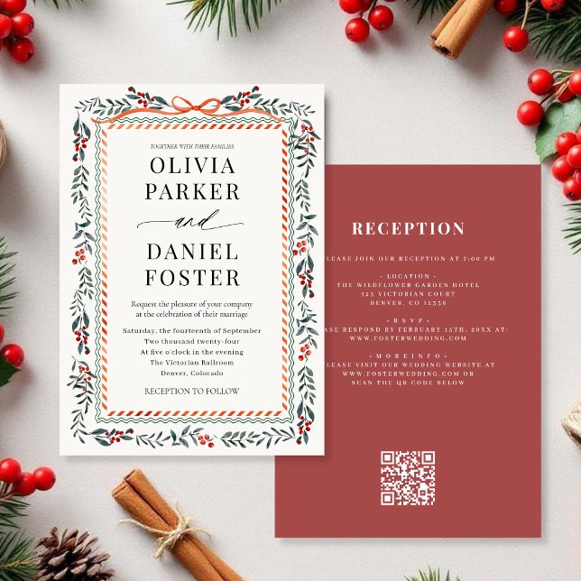 Watercolor Holly Red Bow QR Code Christmas Wedding Invitation (Creator Uploaded)