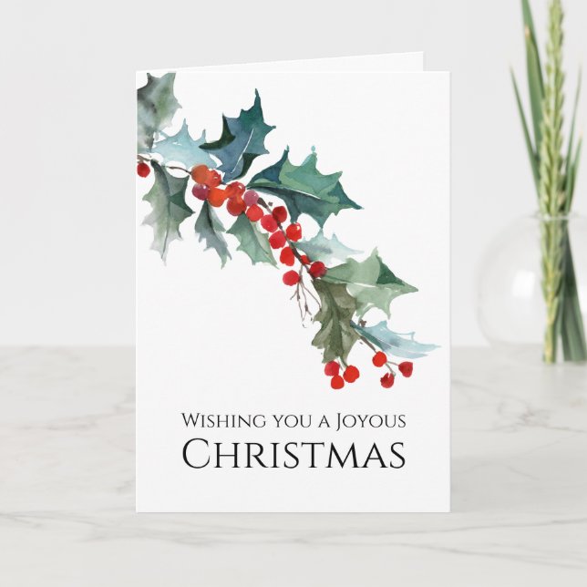 Watercolor Holly Sprig Joyous Christmas Card (Front)