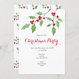 Watercolor Holly Sprigs and Pattern Invitation