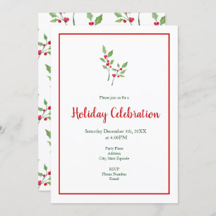 Watercolor Holly Sprigs and Pattern Invitation