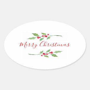 Watercolor Holly Sprigs     Oval Sticker