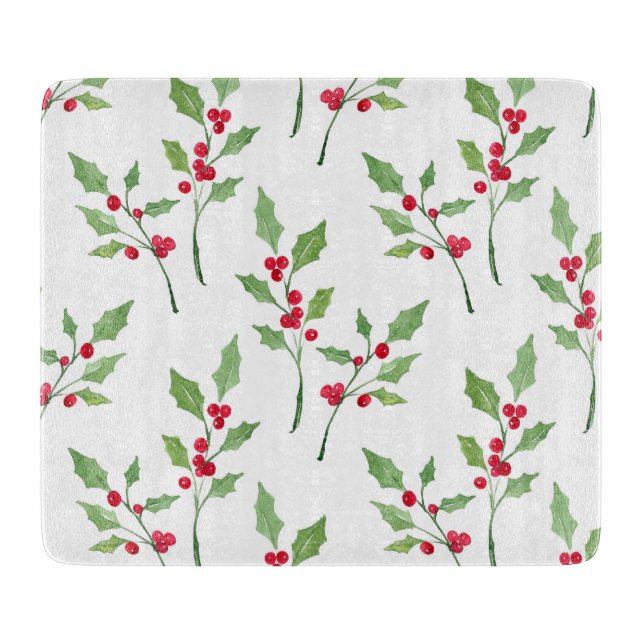 Watercolor Holly Sprigs Pattern Cutting Board (Front)
