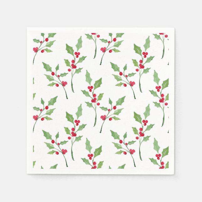 Watercolor Holly Sprigs Pattern Napkin (Front)