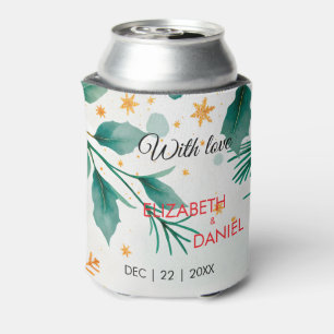 Watercolor Holly Wedding Christmas Elegant Can Cooler