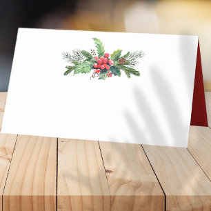 Watercolor Holly with Pine and Berry Holiday Place Card