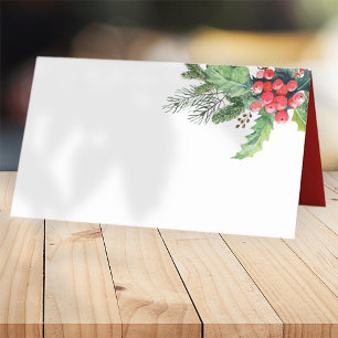 Watercolor Holly with Pine and Berry   Holiday Place Card