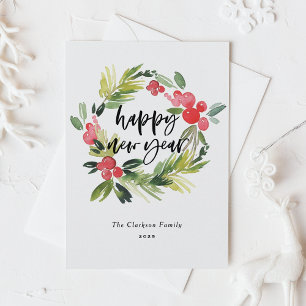 Watercolor Holly Wreath 2025 Happy New Year Holiday Postcard