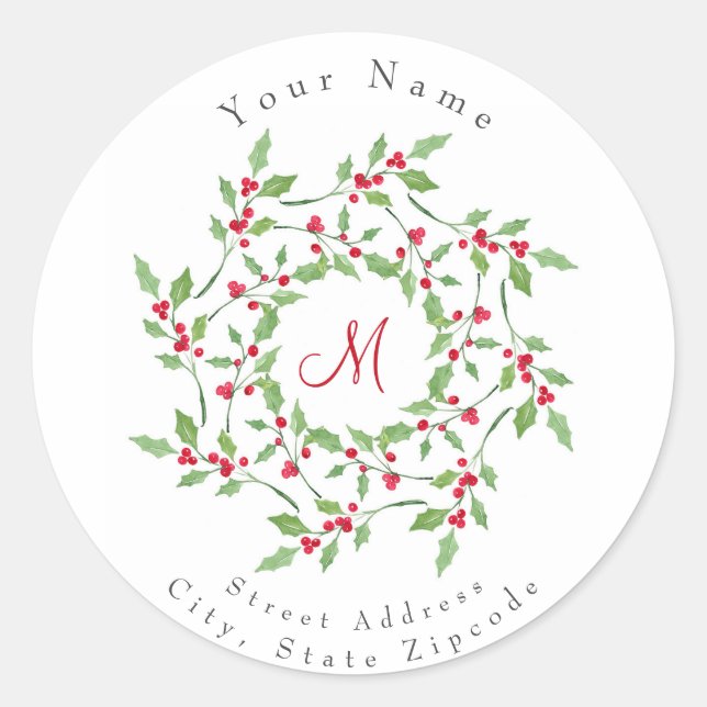 'Watercolor Holly Wreath 2' Labels (Front)