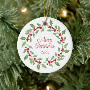 Watercolor Holly Wreath  Ceramic Ornament