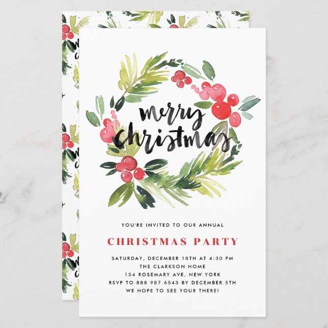 Watercolor Holly Wreath Christmas Party Invitation (Front/Back)