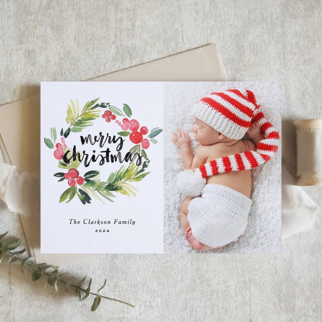 Watercolor Holly Wreath Christmas Photo Card (Creator Uploaded)