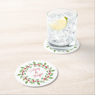 Watercolor Holly Wreath Classic Round Paper Coaste Coaster