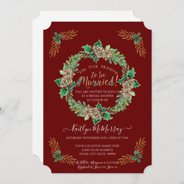 Watercolor Holly Wreath Gold Glitter Bridal Shower Invitation (Front/Back)