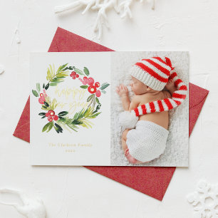 Watercolor Holly Wreath Happy New Year Photo Foil Holiday Card