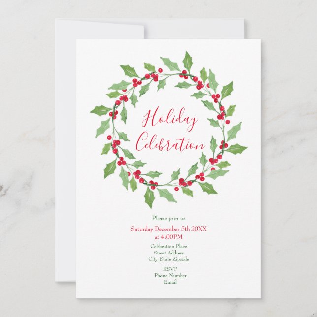 Watercolor Holly Wreath Invitation (Front)