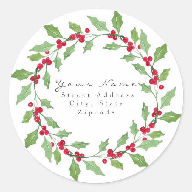 'Watercolor Holly Wreath'  Label (Front)