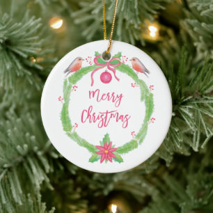 Watercolor Holly Wreath "Merry Christmas" Ceramic Ornament