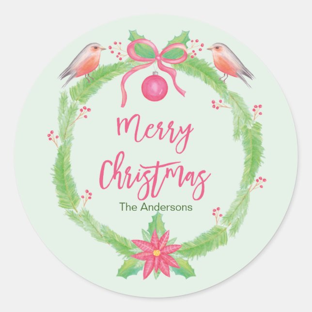 Watercolor Holly Wreath  "Merry Christmas" Classic Round Sticker (Front)